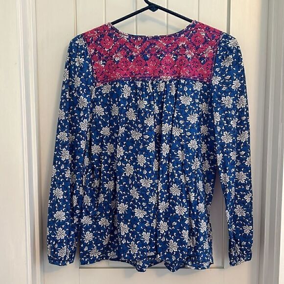 J. Crew Embroidered Peasant Blouse Blue Floral, Pink, Tassels, Size Small - Picture 4 of 10